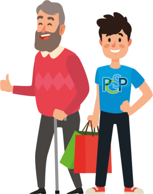 An older man and younger person wearing a PCSP t-shirt. The young person is assisting the older man with shopping bags