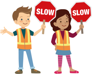 Two children in hi-vis vests holding "slow" traffic signs